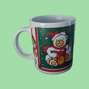 Houston Foods Christmas Coffee Mug Tea Cup Vtg Teddy Bear Opening Present 1990